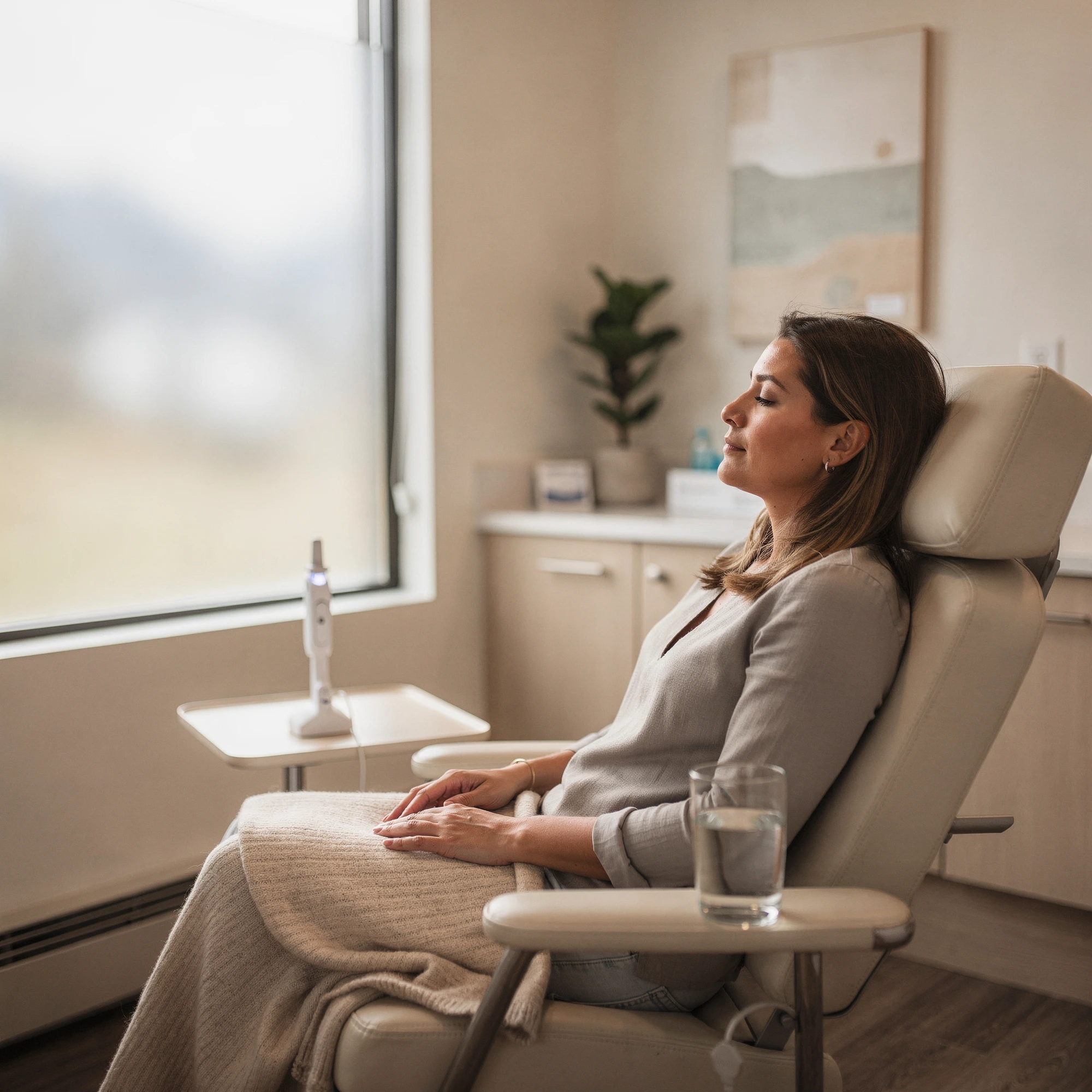 Patient receiving Spravato treatment in a comfortable reclined chair at Myndful Wellness clinic